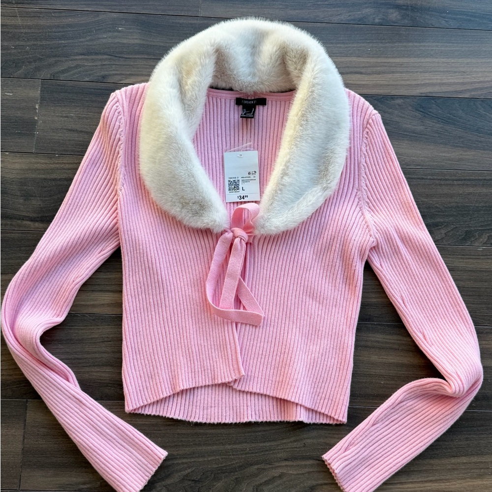 Pink Cardigan with Faux Fur Collar